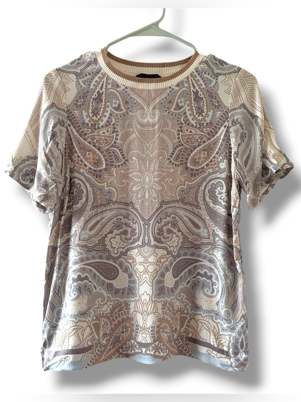 Hale Bob Beige Paisley Short Sleeve Knit Top Women’s Size Medium Boho Preppy